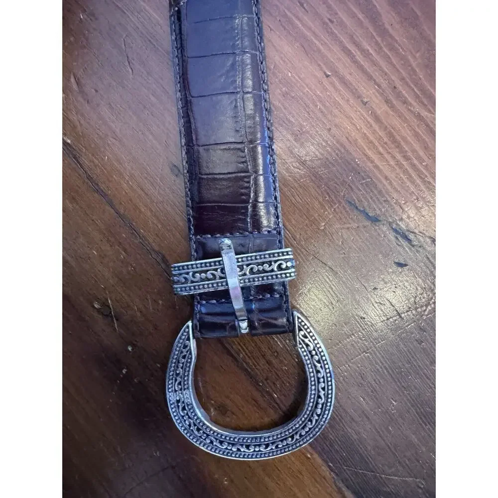 Brighton Belt Women XL 36 Crocodile Embossed Brown Suede Chunky Silver